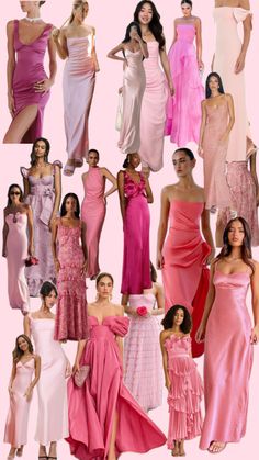 many different types of dresses are shown in this collage, including pinks and purples