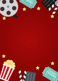 a red background with popcorn, film and movie claps on the bottom right corner