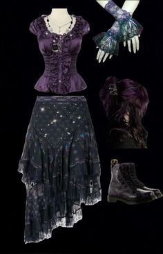 Whismgoth Aesthetic, Whimsical Goth Clothes, Celestial Goth Aesthetic, Whimsigoth Accessories, Whimsigoth Hair, Goth Outfits Purple, Purple Goth Outfits, Purple And Black Outfits, Purple Whimsigoth