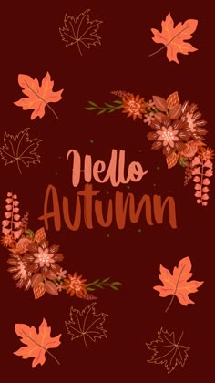 the words hello autumn surrounded by leaves and acorns on a dark background with orange, red and pink colors