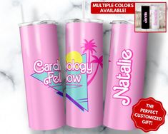 three pink tumblers with the words cardiollogy and palm trees on them are next to each other