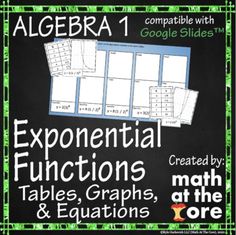 a blackboard with green and white writing that says exponent functions tables, graphs, and