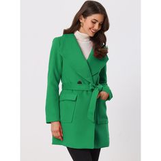 This simple and stylish coat is complete with the design of a shawl collar lapel and a waist belt. It is a must-have outwear for winter. The waist belt helps to tighten the waist and to accentuate your graceful figure. Two pockets offer a place for little personal belongings like cards or keys, and lend a warm place for chilly hands on cold winter days. Paired perfectly with a mock neck bottoming shirt. It is a good choice for office ladies to wear for work on winter days. Spring Single Breasted Shawl Collar Outerwear, Single Breasted Shawl Collar Outerwear For Spring, Winter Green Belted Outerwear, Spring Outerwear With Lapel Collar And Self Belt, Spring Outerwear With Self Belt And Lapel Collar, Green Belted Long Coat, Long Sleeve Outerwear For Work With Self Belt, Belted Suit Collar Outerwear For Work, Spring Outerwear With Belt And Lapel Collar