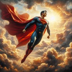 a painting of superman flying through the sky