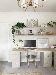 a desk with a computer on top of it in front of some shelves and plants