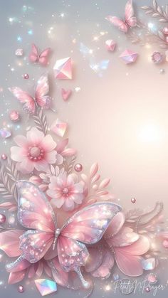 a beautiful pink background with butterflies and jewels