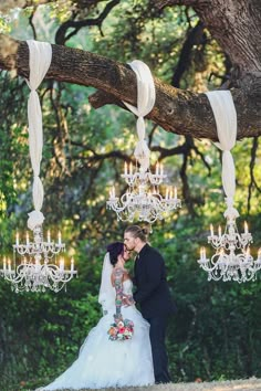 a bride and groom kissing under a chandelier in front of a large tree