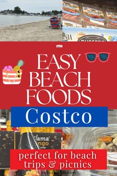 the cover of easy beach foods costco, with images of food and drinks on display