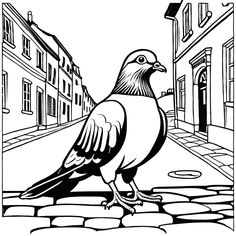 a black and white drawing of a pigeon on a cobblestone street with buildings in the background