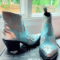 It’s Missing One Of The Straps To Pull It In The Back , It Came Off By Me Trying Them On. They Run Small Chic Light Blue Boots With Round Toe, Red Ankle Boots, Red Cowboy Boots, Silver Boots, Vintage Cowboy Boots, Leather Western Boots, Grey Boots, Vintage Cowboy, Cowboy Boots Women