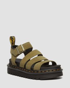 Shop Blaire Tumbled Nubuck Leather Sandals in Muted Olive at Dr. Martens. Free delivery on orders over $50 Blaire Sandal, Fred Perry Amy Winehouse, Dr Martens Blaire, Boots Chelsea, Fur Accessories, Goodyear Welt, Nubuck Leather, Shoe Care, Tumbling