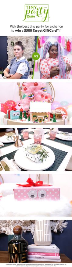 a collage of photos with pink and white items on it, including plates, napkins, and other decorative objects