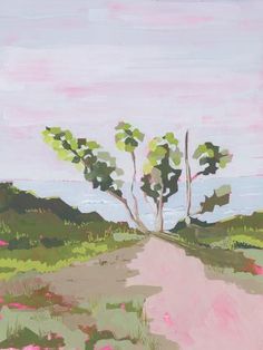 a painting of a dirt road with trees on each side and pink flowers in the background