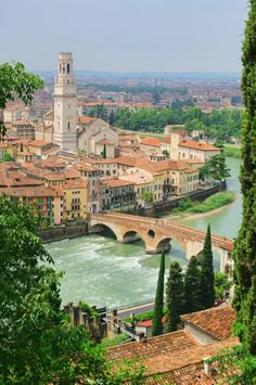 an aerial view of the city and river with bridges, buildings, and trees around it