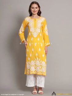 Yellow Sanaya Modal Chikankari Straight Kurti