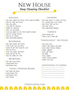 the new house cleaning checklist is shown in yellow and white, with an orange border