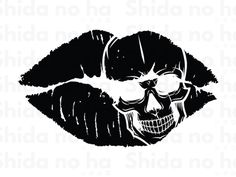 a black and white image of a skull with glasses on it's face, in the shape of a woman's lips