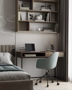 a bedroom with a bed, desk and shelves