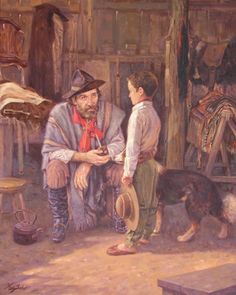 an oil painting of two men and a dog in a barn with other items on the ground