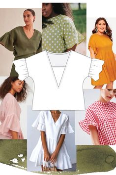 several different types of blouses and dresses are featured in this collage, including one with