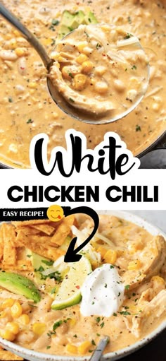 white chicken chili in a skillet with text overlay