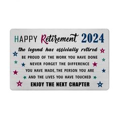 a metal sign with the words happy retirement and stars in red, white, and blue