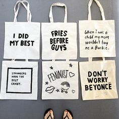 four tote bags with sayings on them, one has a pair of flip flops