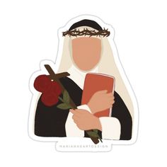 a sticker with a woman holding a book and a rose