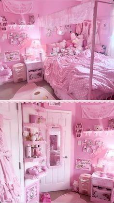 two pictures of a pink bedroom with teddy bears on the bed and in the closet