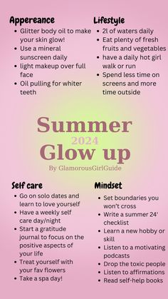 Follow my summer glow up checklist to become the best and healthiest version of yourself in 2024!! 
/ glow up tips, glow up ckecklist, glow up challenge, summer glow up, summer glow up ckecklist 2024, summer glow up challenge, how to glow up for summer, summer glow up checklist, how to have a glow up over summer, summer 2024, glow up 2024, summer glow up routine, summer glow up 2024, summer glow up plan, summer glow up list Summer Glow Up Tips For School, How To Summer Glow Up, How To Have The Best Glow Up, September Glow Up Challenge, July Glow Up, Glow Up Summer Routine, How To Get A Summer Glow Up, At Home Glow Up, How To Have A Glow Up In A Day