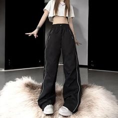 Casual Streetwear, High Waisted Pants, Zipper Pocket, High Waisted