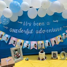 there is a blue and white backdrop with balloons on it that says it's been a onederful adventure