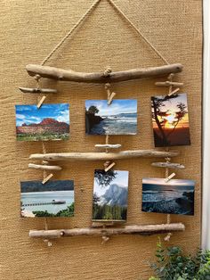 some pictures hanging on a wall with wooden sticks