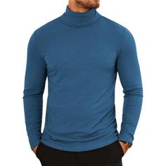 -Soft Ribbed Knitted Turtleneck T Shirts, Lightweight And Stretch Slim Fit Pullover Shirts, Bring Comfortable Wearing Experience. -Men's Casual Basic Turtleneck Shirts, Classic Style Long Sleeve High Neck T Shirts, Solid Color Thermal Turtle Neck Tee Shirts, Slim Fit Pullover Sweater, Fashion And Modern. -Matching Mens Turtle Neck Shirts With Jeans Or Pants For A Casual Look; Pairing This Lightweight Turtleneck Sweater With A Blazer Or Sport Coat, Overcoat, Denim Jacket For A Modern And Fashion Blue Turtle Neck Outfit Men, Blue Cotton Tops With Ribbed Collar, Blue Cotton Top With Ribbed Collar, Solid Knit Top With Ribbed Collar, Blue Casual T-shirt With Ribbed Collar, Casual Knit Turtleneck Tops, Casual Blue Ribbed Sweater, Long Sleeve Knit T-shirt For Winter, Knit Long Sleeve T-shirt For Winter