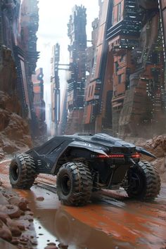 an image of a futuristic vehicle in the middle of some rocks and water with buildings behind it