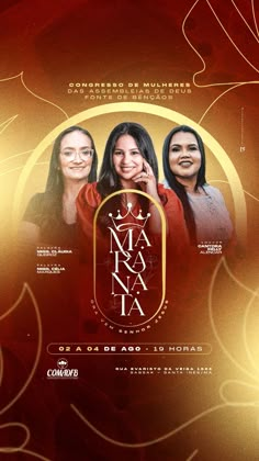 the poster for an event with three women in red and gold colors, one is holding her hand up to her face