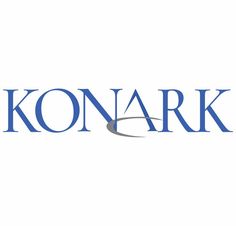 the konark logo is shown in blue and gray on a white background,