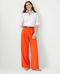 Our wide leg pant is a modern must-have with a perfect drape and high waist that endlessly flatters. Belt loops. Front zip with double hook-and-bar closure. Front pleats. Front off-seam pockets. Back besom pockets.,Leg Shape:Leg Shape: Wide Leg � a modern must-have with a statement leg and Flattering high waist,Rise:High rise: sits 1/2" to 1" below natural waist,Imported:Imported,Fit:Fit: Relaxed & easy,Length:Full length: 31" inseam with 26 1/2" leg opening,Fabrication:73% Polyester, 20% Rayon, 7% Spandex,Garment Care:Machine Washable The Single Pleated Wide Leg Pant by Ann Taylor Size regular - 6 Flame Azalea Women's Regular, Wide, Leg, Pants, 73%, Polyester, 20%, Rayon, 7%, Spandex, Machine, Washable Flame Azalea, Orange Pants Outfit, Dressy Jeans Outfit, Jeans Outfit For Work, High Waisted Pants Outfit, Wide Leg Pants Outfit, Suit Jackets For Women, Wide Leg Dress Pants