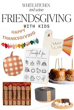 a thanksgiving card with food and decorations for the holiday season, including apples, marshmallows