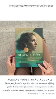 a woman holding up a book with the title fortune in fifty