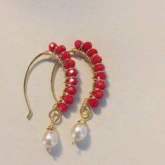 Handmade Red Crystal Pearl Gold Plated Earrings Handmade Red Beaded Earrings, Handmade Red Drop Earrings, Red Wire Wrapped Earrings For Party, Cheap Red Beaded Earrings With Ear Wire, Elegant Red Hoop Earrings With Ear Wire, Handmade Red Pearl Earrings For Party, Red Teardrop Hoop Earrings With Ear Wire, Red Wire Wrapped Earrings, Elegant Red Earrings With Gold Beads