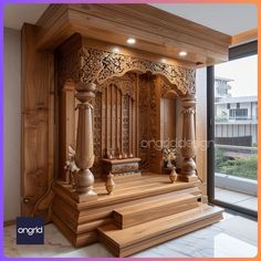 an elaborate wooden altar with candles and flowers on it in front of a large window