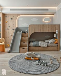 a child's bedroom with a bunk bed and slide