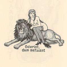 a woman sitting on top of a lion with the words oddernit dum metuannt