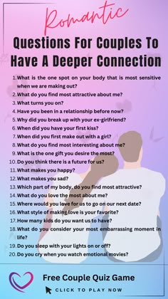 a poster with the words romantic questions for couples to have a deeper connection on it