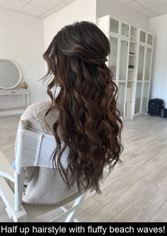 Half up hairstyle with fluffy beach waves! #formalhairstyles Mermaid Curls Wedding Hair, Long Beach Waves Wedding Hairstyles, Beach Waves Hairstyles Half Up, Hair Inspo For Bridesmaid, Updo Beach Hairstyles, Beach Waves Bride Hair, Wavy Hairstyles For Long Hair Half Up, Beach Waves Hair Wedding Bridesmaid, Bridesmaid Hairstyles With Clip In Extensions