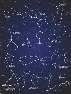 the twelve zodiac signs in the night sky with stars around them, including leo and capriccium