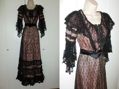 Antique Victorian 3 piece lace dress.  This lovely gem is made of black net lace layered over pink silk and cotton, features many rows of very full ruffles with silk, the bell sleeves are wonderful.  There is a lace and satin sash.  The interior of the skirt and blouse is fully lined, the blouse is boned.  Closes with eye hook closures. The lace is quite amazing!   This dress is in very nice vintage condition.   There are several broken brides in the lace, Victorian Dress With Lace Trim For Evening, Victorian Evening Dress With Lace Trim, Vintage Victorian Dress With Lace Trim For Costume, Victorian Vintage Costume Dress With Lace Trim, Vintage Victorian Dress With Lace Trim For Vintage Events, Vintage Lace Lined Dress, Black Vintage Victorian Dress, Black Vintage Dress With Lace Trim, Vintage Victorian Ruffled Evening Dress