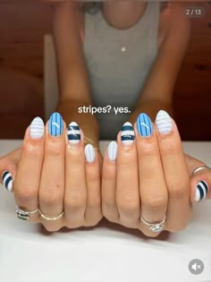 Blue Stripe Nails, Funky Summer Nails, Teen Nails, Cover Nails, Trend Nails, Fourth Of July Nails, Nails Cute, Simple Gel Nails