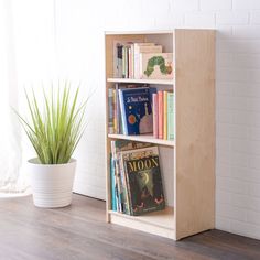 a wooden book shelf with books on it next to a potted plant